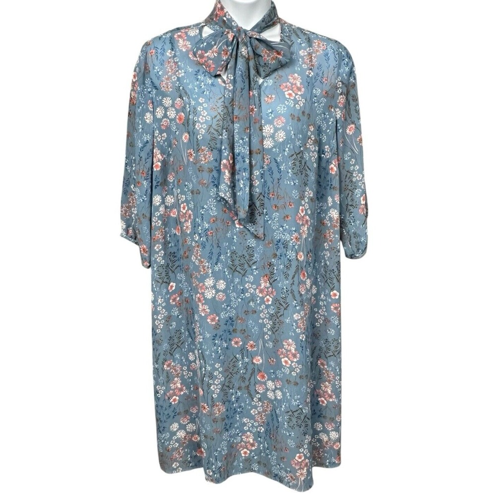 Women WIthin‎ Tunic Dress 22W Blue Floral Chiffon Lined Balloon Sleeves Neck Tie
